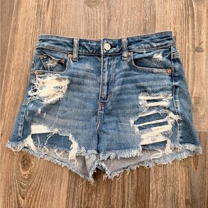 American Eagle Outfitters Distressed Strigid Denim Mom Short, medium indigo, 4
